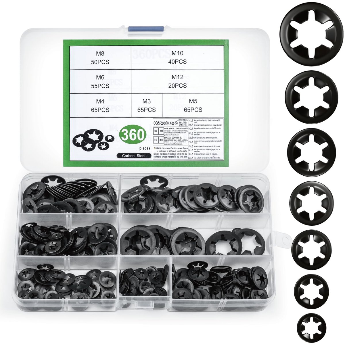 Borgringenset, borgringenset met binnentand-sprengringen, klemschijven, klemring borgringset, bijlagschijven, M3, M4, M5, M6, M8, M10, M12 onderlegschijven assortiment, zwart