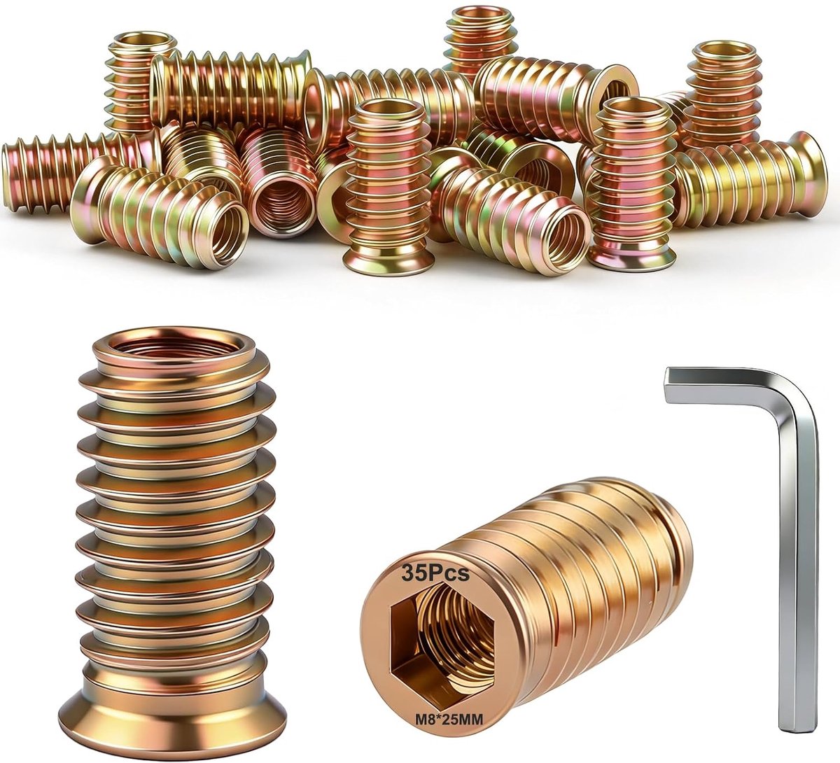 M8 x 25 mm, inschroefmoeren voor hout, rampamuf M8, verzinkte zeskantige schroefmoeren voor houten meubels, planken, werkbanken, tuinmeubelen, 35 stuks