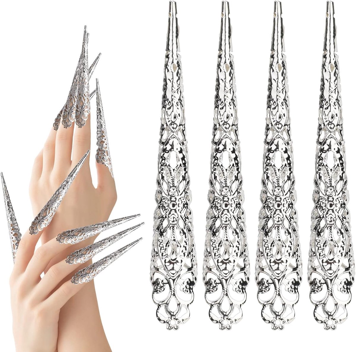 10 stuks vingernageltips klapringen, Ancient Queen kostuum vingernagel claw nagelringen set, knuffelbeschermers vingertip claw voor Halloween, cosplay, Drama Belly Dance Show - zilver