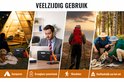 Collage van black draagbare powerstation met oranje lus tijdens kamperen, kantoor, wandelen en kampvuur.