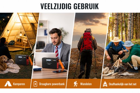 Collage van black draagbare powerstation met oranje lus tijdens kamperen, kantoor, wandelen en kampvuur.