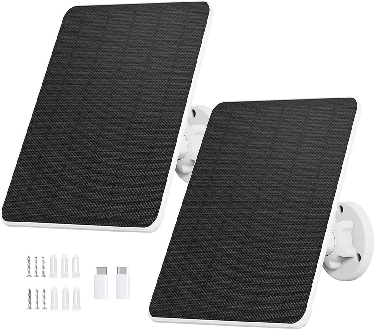 Zonnepaneel voor Bewakingscamera, 6W Zonnepaneel voor Beveiligingscamera, Buitencamera, Deurbel en Buitenverlichting met USB en Type C Aansluiting, IP65 3m Kabel, 360° Verstelbare Beugel(2 Pack)