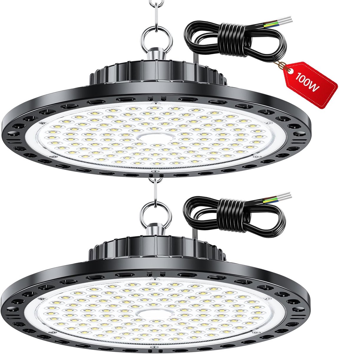 LED-schijnwerper - 2-pack 100W 10000LM High Bay-verlichting voor werkplaats met transformator, IP65 waterdichte plafondlamp, 6500k koud wit werkplaatslamp voor garage, fabriek