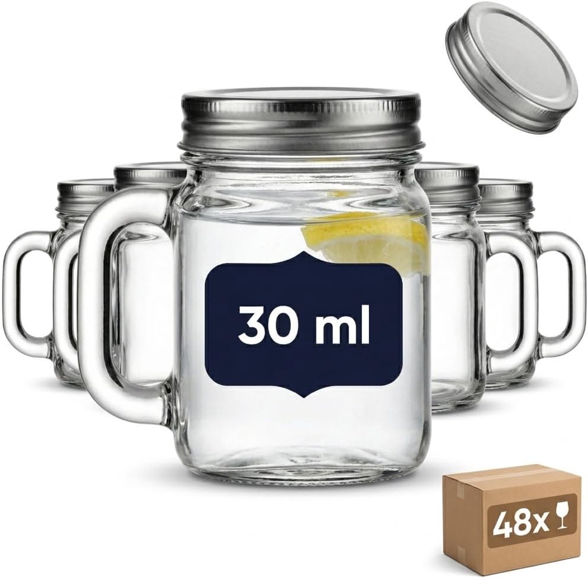 gouveo Set van 48 Mini glazen 30 ml met handvat en schroefdeksel (0,03 l) zilverkleurig – Shotglas, likeurglas, proefglas voor buffet, thuisbar, catering (TGH030S)