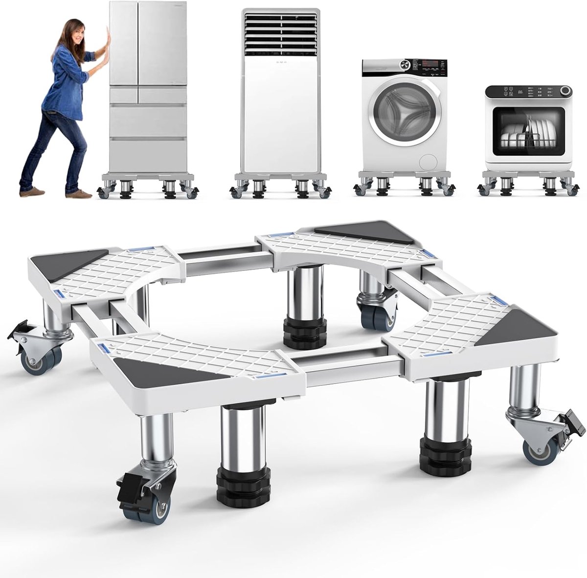 Wasmachine Sokkel Onderstel met 4 Poten+4 Wielen voor Wasmachine, Koelkast en Droger, Draagvermogen 500kg Verstelbare Sokkel