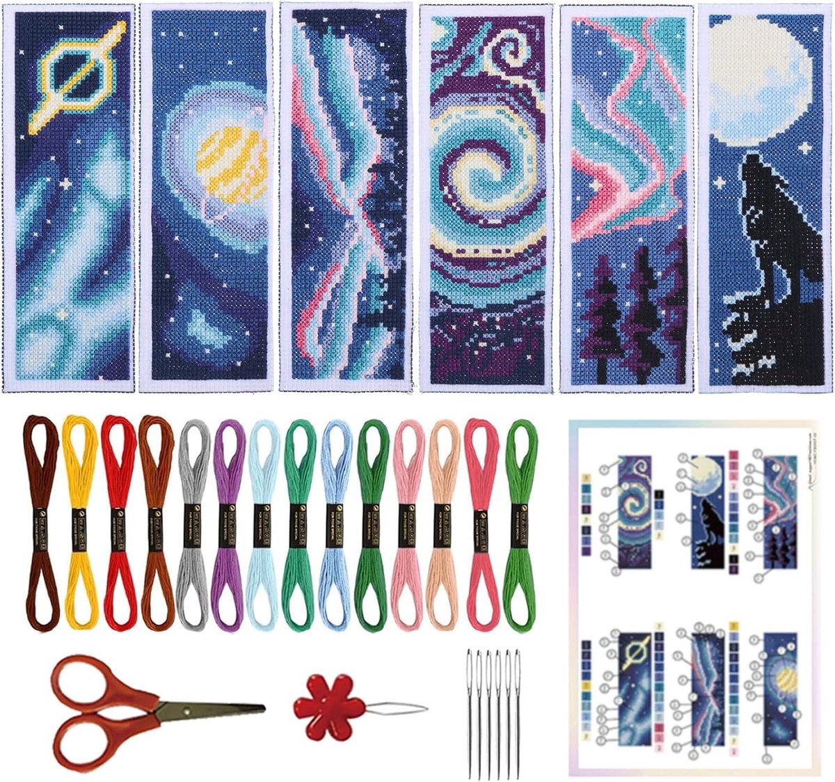 6 Set Sterrenhemel Kruissteek Bladwijzer Kits voor Beginner en Boekenliefhebber Handgemaakte Kruissteek Bladwijzers Volledige DIY Benodigdheden met Instructies