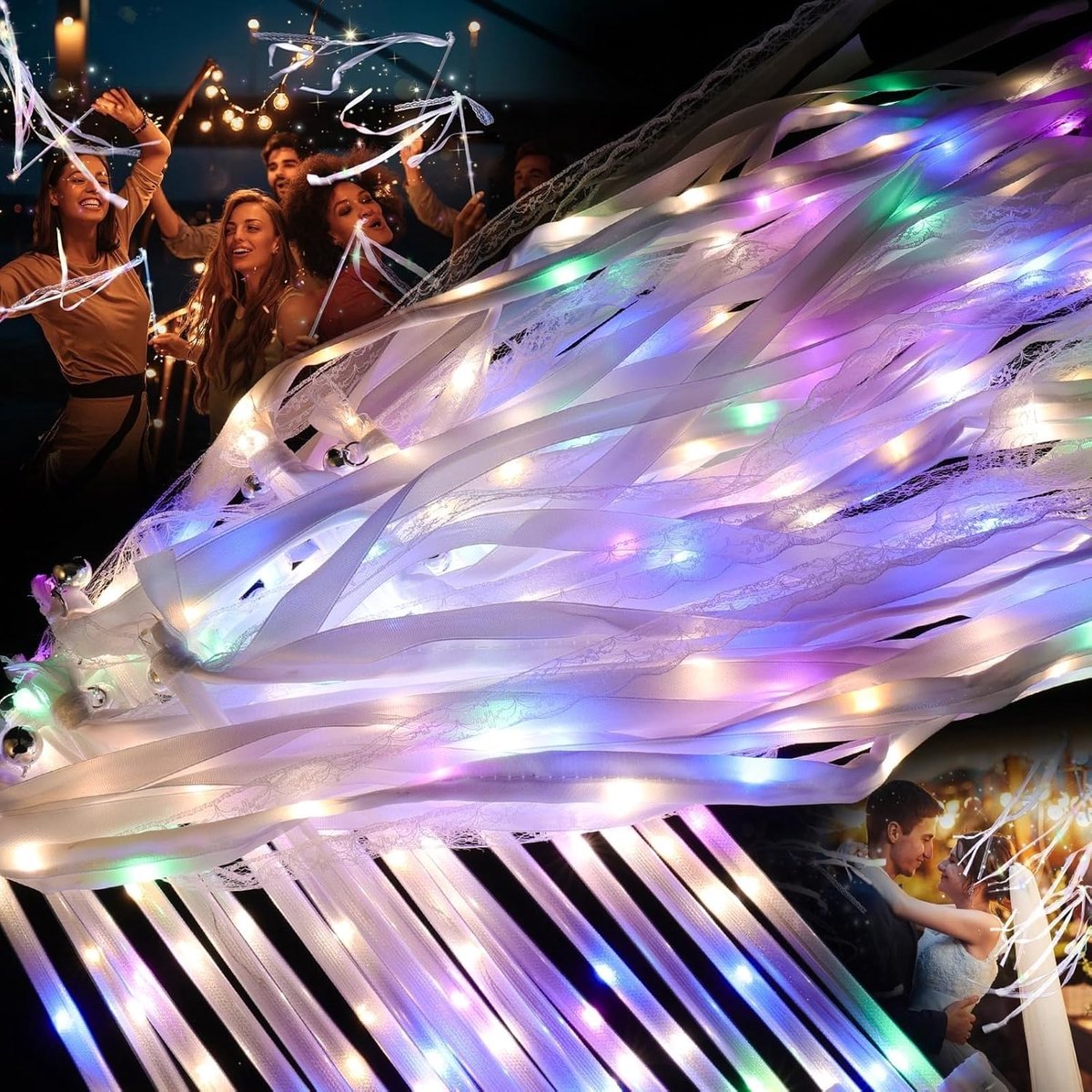 huwelijkswaaiers met linten & belletjes – Lichtgevende huwelijkswaaiers met warmwit & kleurrijk licht – Bruiloftwaaiers perfect voor huwelijksuitgang, feesten & vieringen (50)