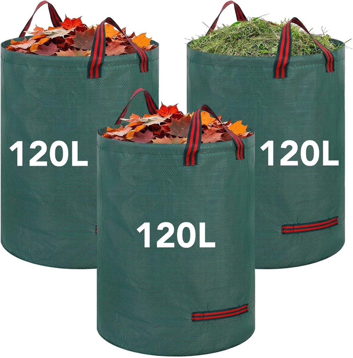 Tuinzak, 3 x 120 l, stabiele tuinafvalzak met handgrepen, zelfstaande bladzak, waterdicht, opvouwbaar, herbruikbaar, van polypropyleenweefsel, 150 g/m², voor groen snijden, gras, bladeren