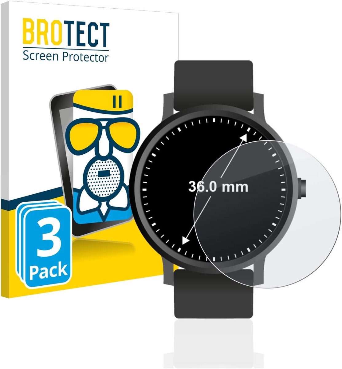 SnelShoppen - BROTECT Anti-Reflecterende Glazen Screen Protector Mat Voor Horloges (Rond, Ø: 36mm) - 3 Stuks - Hybride Tempered Glas - Perfecte Besche