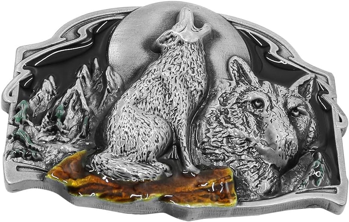 Riemgesp van zinklegering met wolfspatroon, Huilende Wolf Maan Retro Casual Denim Riemgesp