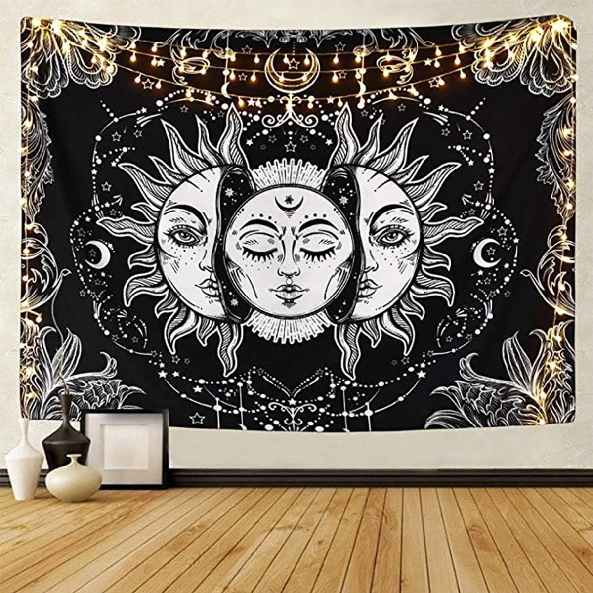 Zon en Maan Tarot Wandtapijt Hemelse Zwarte Psychedelische Wandtapijt Indiase Mandala Bohemian Hippie Strand Sprei (A-zon en maan, L/148 x 200 cm)