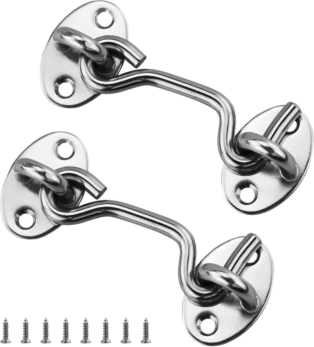 Stormhaken van roestvrij staal, 2 stuks stormhaken met oogje, cabinehaken, roestvrij staal, deursloten, slothaken met 8 stuks montageschroeven (7,6 cm)