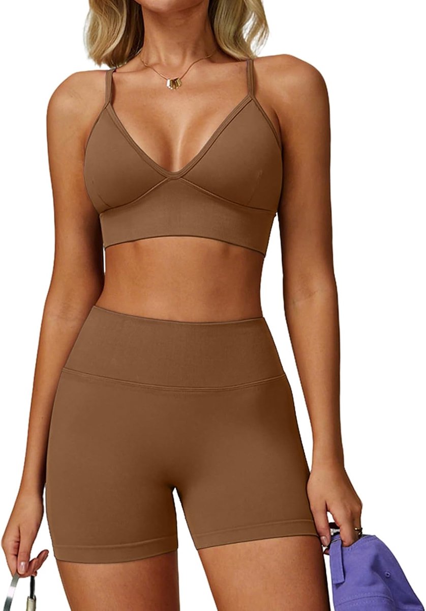 Sportset voor dames Geribbelde gymset Sportoutfit Sportieve yogaset fitnessset Kleding Sportbeha met V-hals en open rug Gecombineerd met een scrunch-short Naadloze sportkleding Tweedelige Set