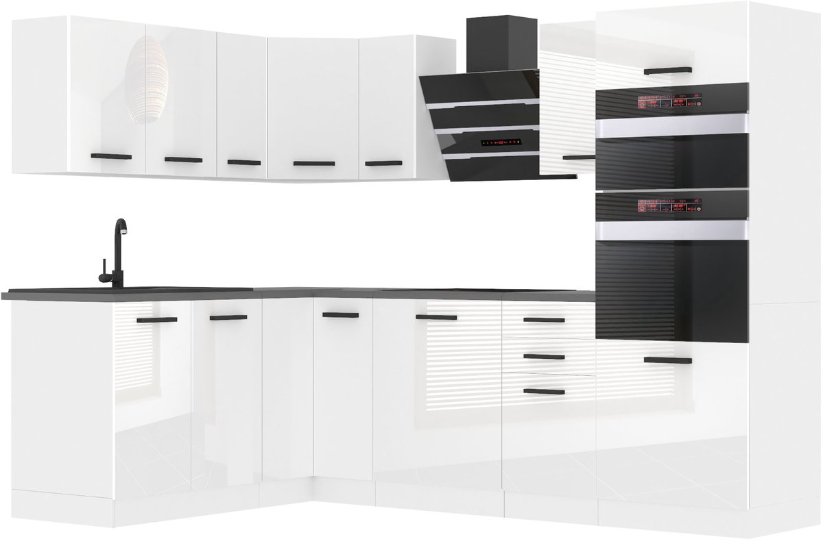 BELINI L-Vorm Keukenblok MELANIE - Keukenmeubel Set 360 cm Wit Hoogglans met Werkbladen - Boven- en Onderkasten