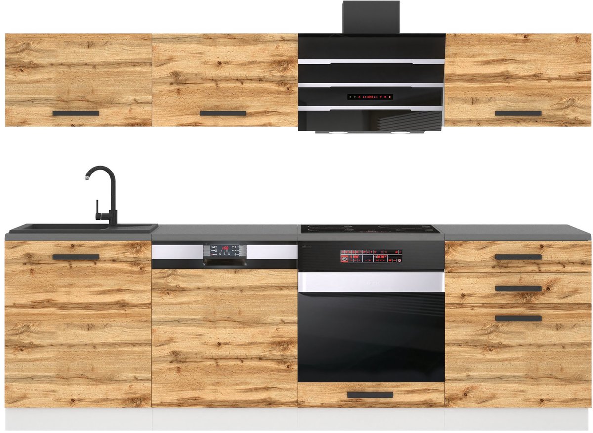 BELINI Keukenblok LINDA - Keukenmeubel Set 240 cm Wotan Eiken zonder Werkbladen - Boven- en Onderkasten