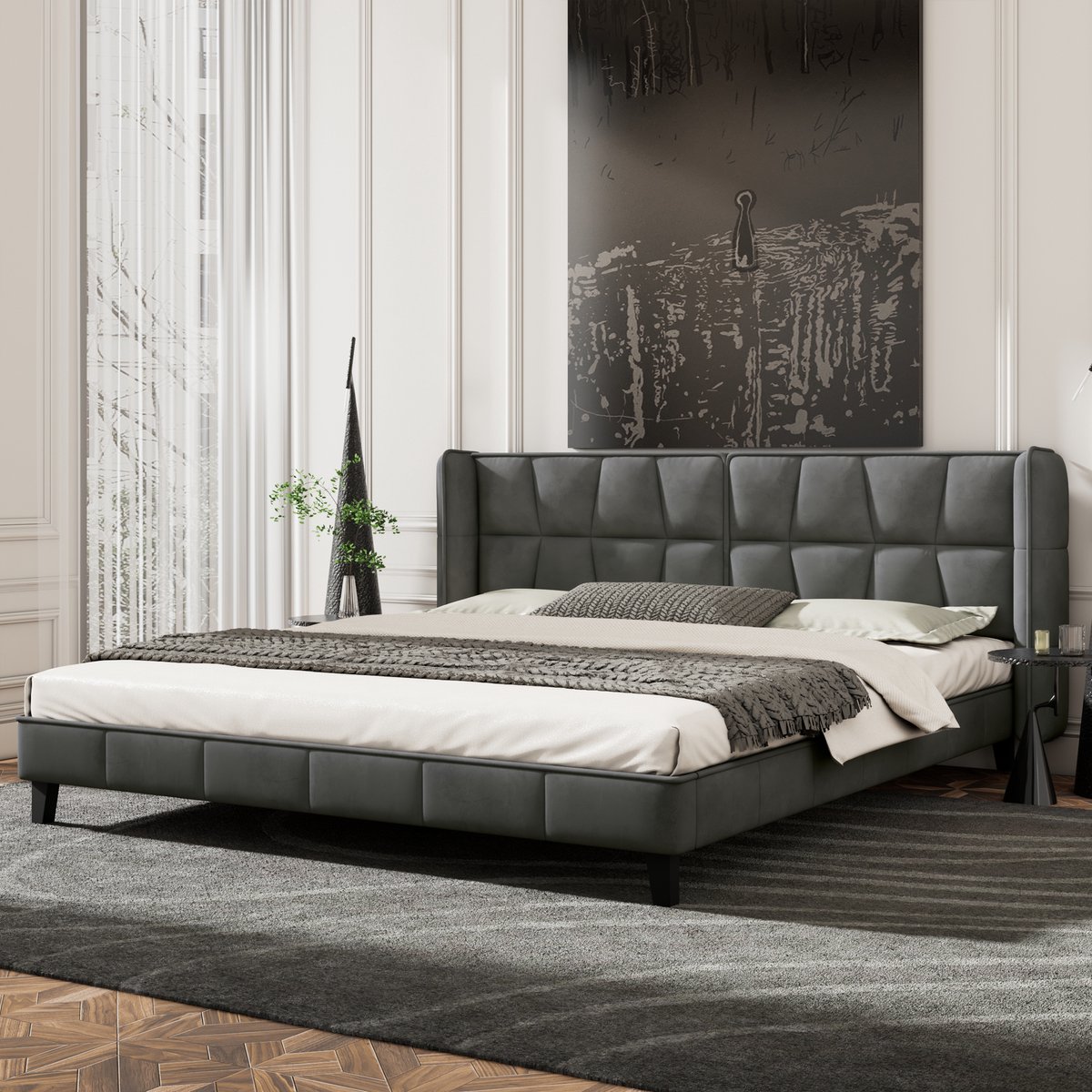 Boxspring Look Bed 180x200 cm - Gestoffeerd Bed Met Hoofdbord Velvet Grijs