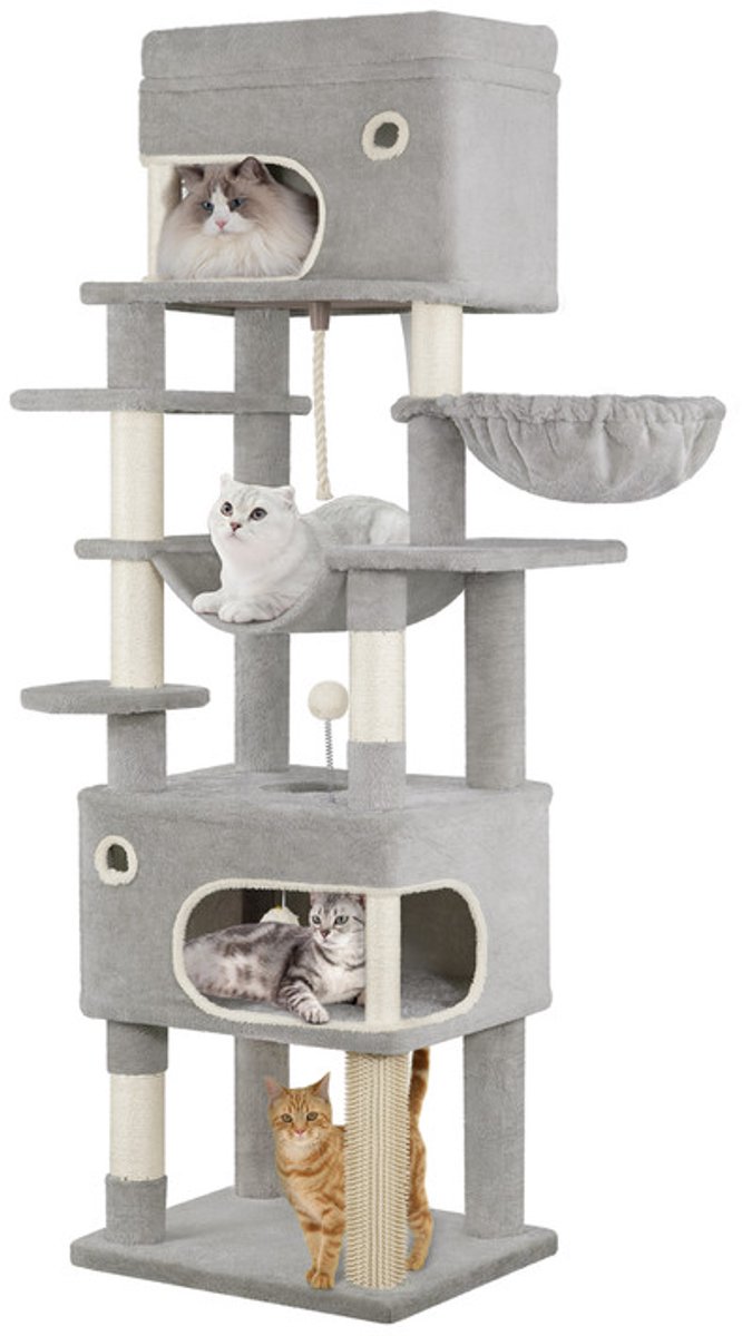 Hzuaneri Kattenkrabpaal, 178cm Meerlaagse Kattenboom met Groot Platform, 2 Grotten, 7 Sisalpalen, Pompons, Kattenmand, Hangmat, Geschikt voor Katten van Alle Groottes, Lichtgrijs