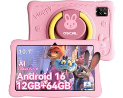 OSCAL KIDO2 Tablet - 12GB RAM - 64GB ROM - 10.1 inch - 6600mAh - Android 16 - Ouderlijk Toezicht App - Oogzorgmodus - Inclusief Beschermhoes - Roze