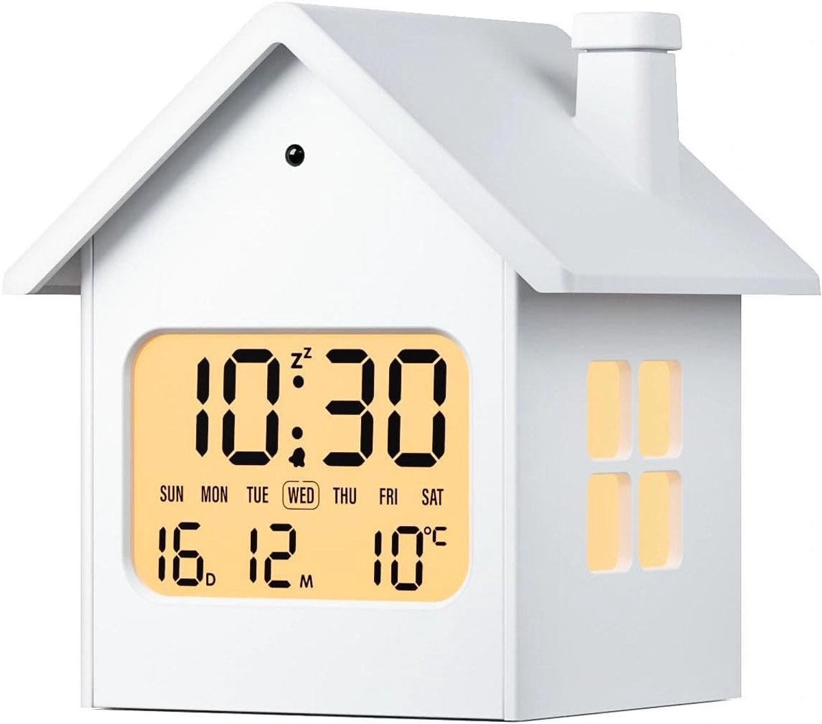 Wekker – digitale huisvormige wekker – temperatuur- en datumweergave – snooze-functie – batterij en netstroom – wit.