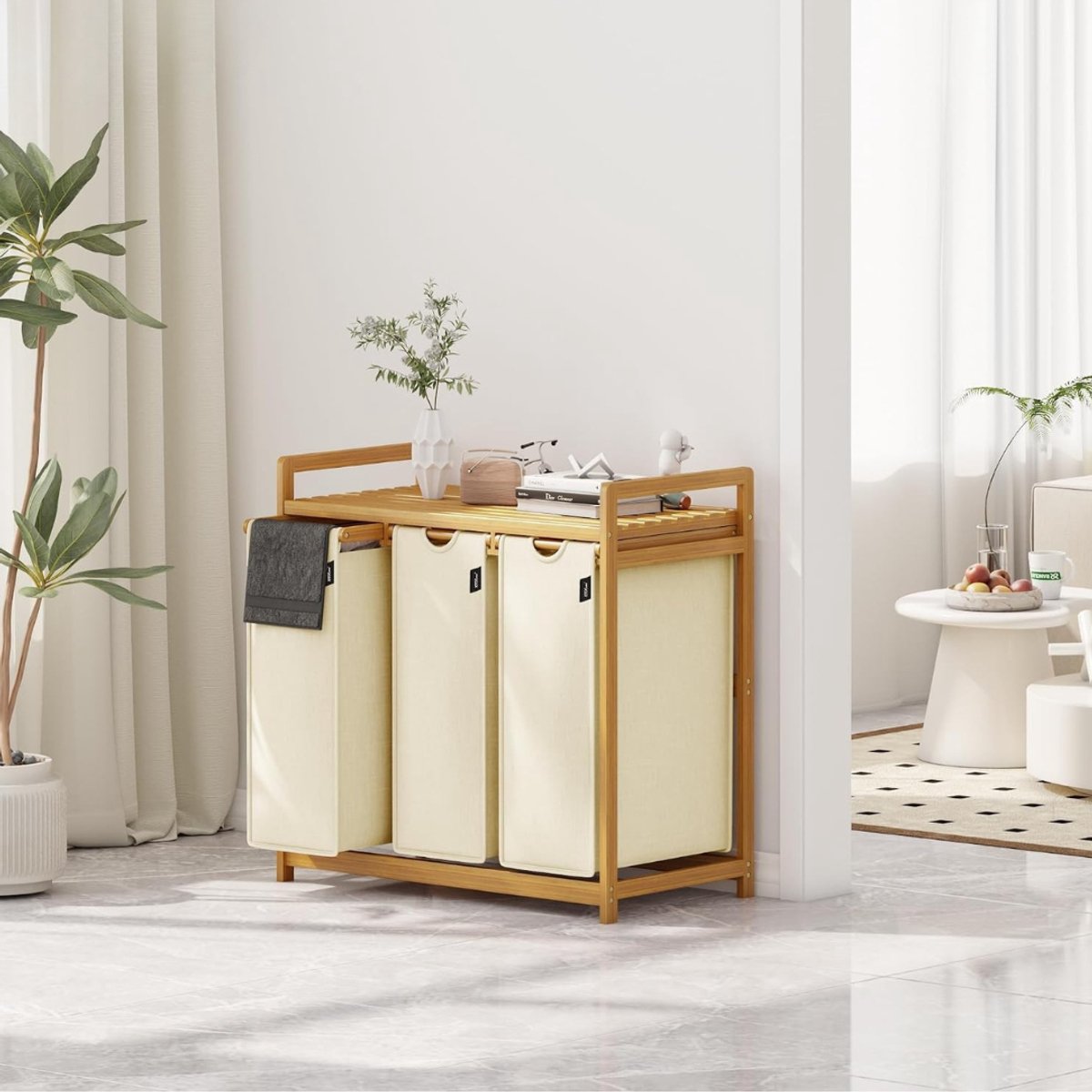 Zavio® Wasmand 3 Vakken - Wassorteerder - Wasmand - Beige0617