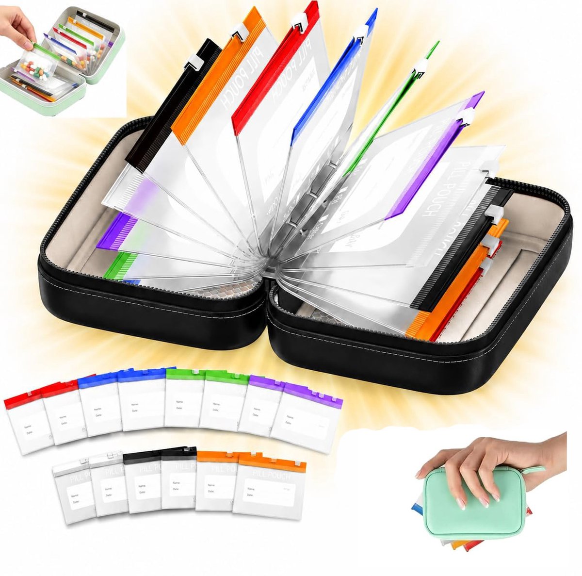 KZQ Medicijnzakjes en Vitamine Organizer - 14 Waterdichte Herbruikbare Pilzakjes met Rits en Kleurcodering, Compact en Overzichtelijk Opbergsysteem voor Reizen, Vakantie en Thuis - Zwart