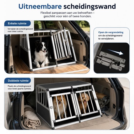Zwarte en aluminium hondenbench met verwijderbare scheidingswand, één of twee honden.