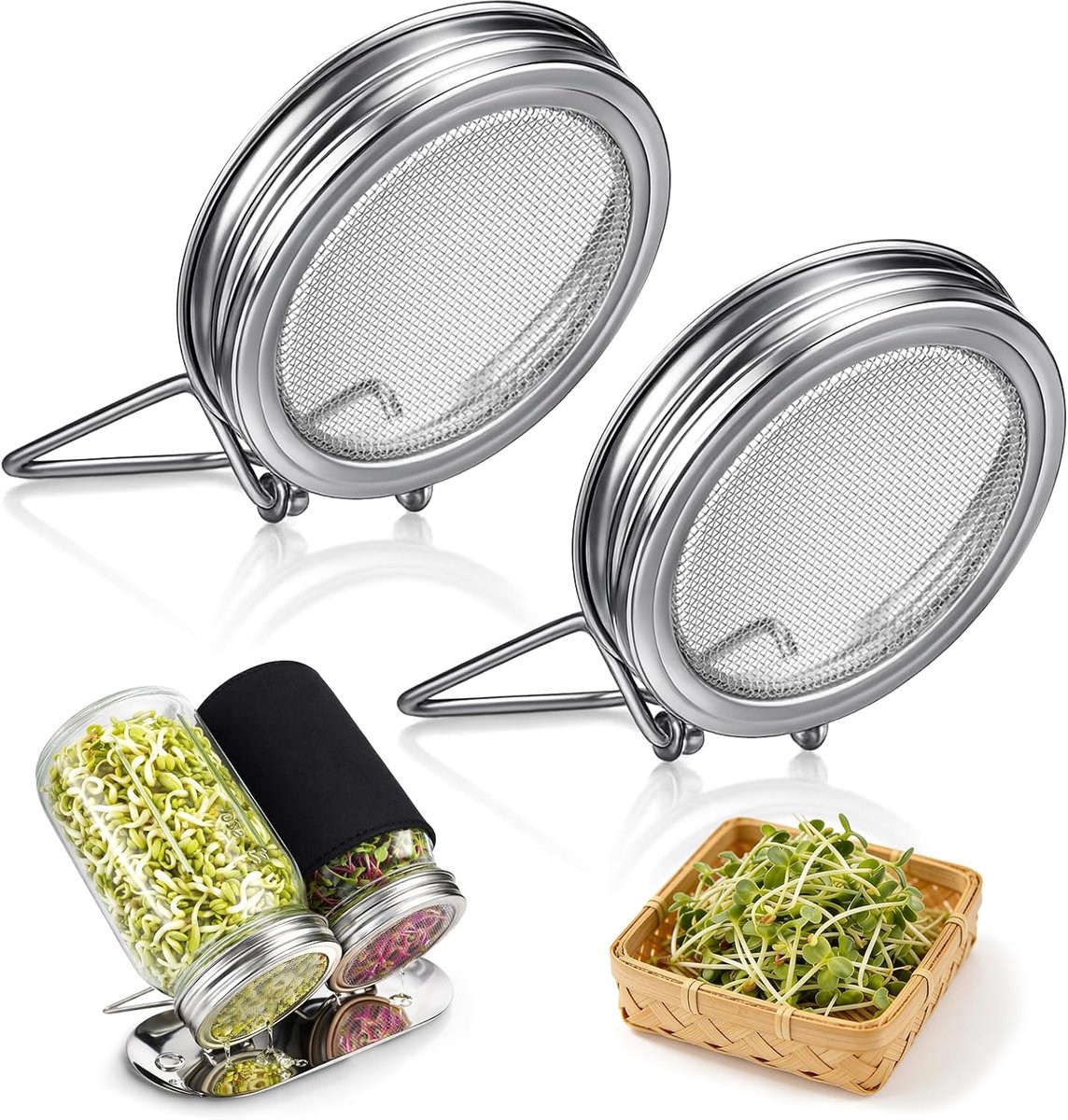 Roestvrijstalen Kiemdeksels voor Wijde Mond Mason Jars - Met Gaasfilter voor Broccoli, Alfalfa, Mungbonen, Linzen, Radijs - Zilver - 2 Stuks