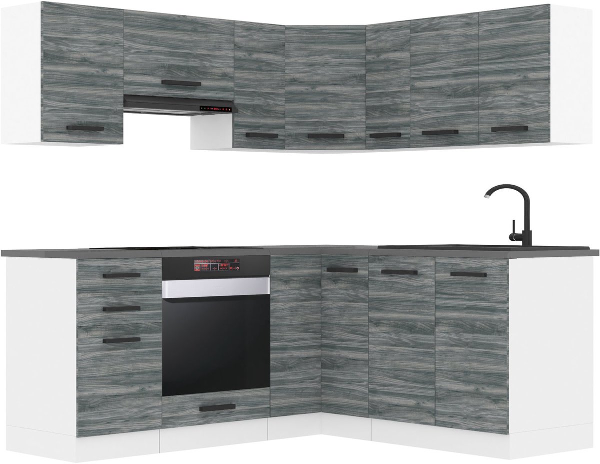 BELINI L-Vorm Keukenblok SARAH - Keukenmeubel Set 320 cm Glamour Wood met Werkbladen - Boven- en Onderkasten