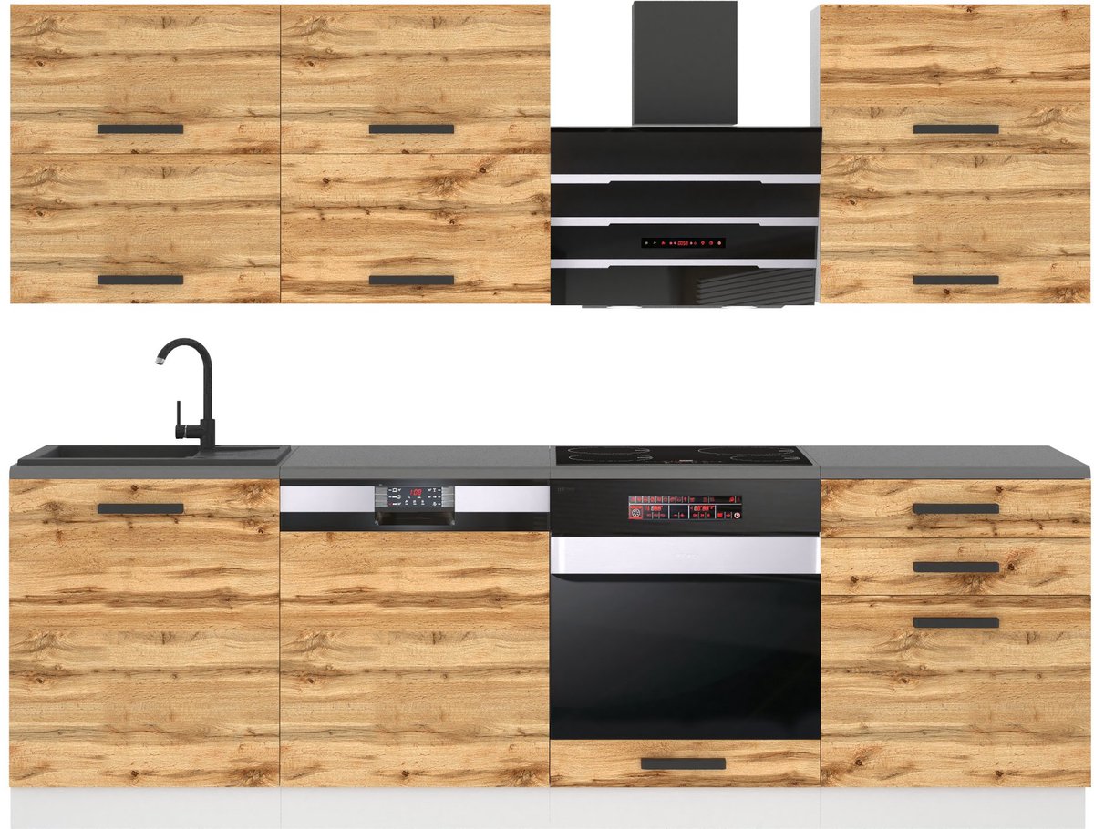 BELINI Keukenblok MADISON - Keukenmeubel Set 240 cm Wotan Eiken zonder Werkbladen - Boven- en Onderkasten