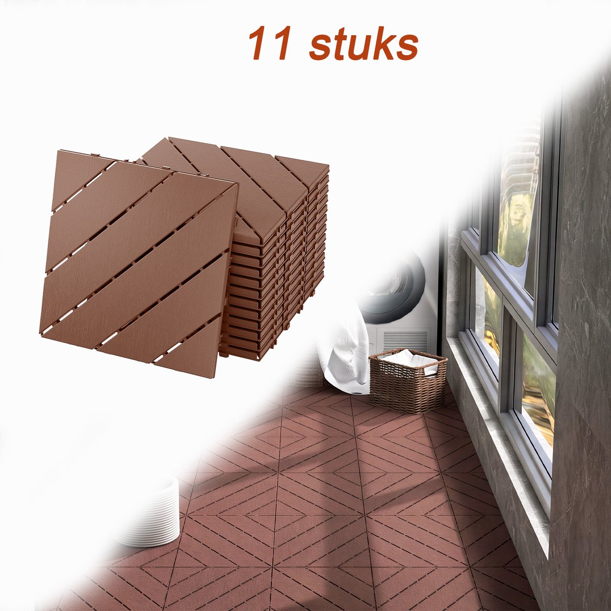 11x WPC Kliktegels 30x30 cm - Terrastegels voor Balkon, Tuin & Terras - Houtlook - Antislip - Weerbestendig - Diagonaal Patroon - Bruin