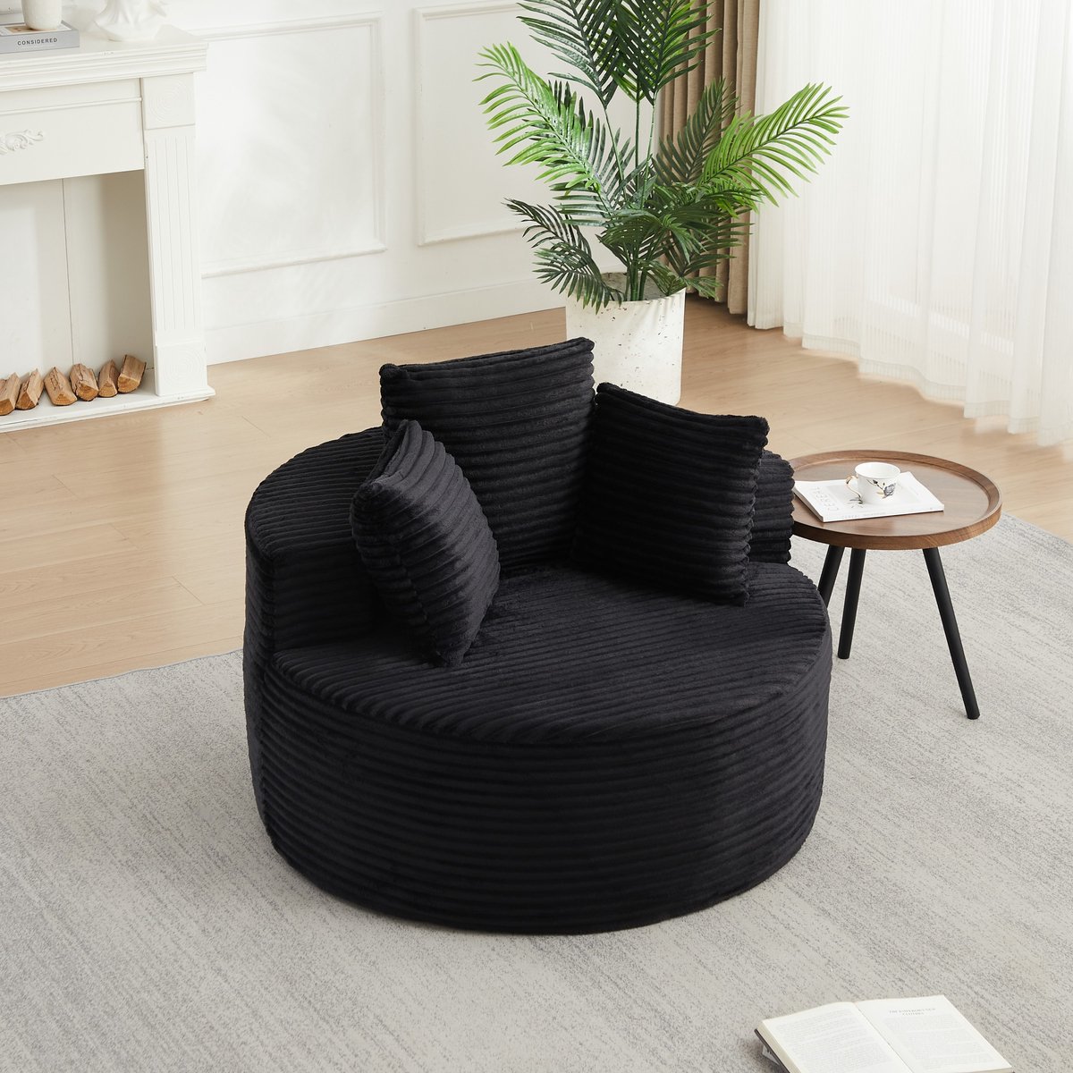 Sweiko Zitzak - Fauteuil - Eenzitsbank - Corduroy - Diameter 110 cm - 3 kussens - Zwart (geen montage nodig)