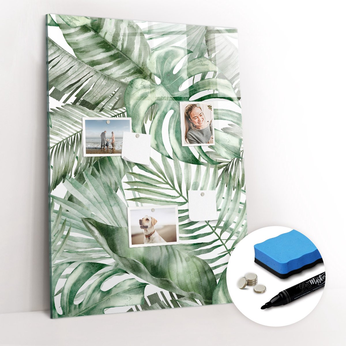 Tulup Whitebord - Aquarelbladeren - 70 x 100 cm - Groente Magnetisch Memobord - Gratis 5 Sterke Magneten + Whiteboard Marker & Wisser - Decoratief Magnetisch Bord - Memobord Glas - Productiviteit Tools