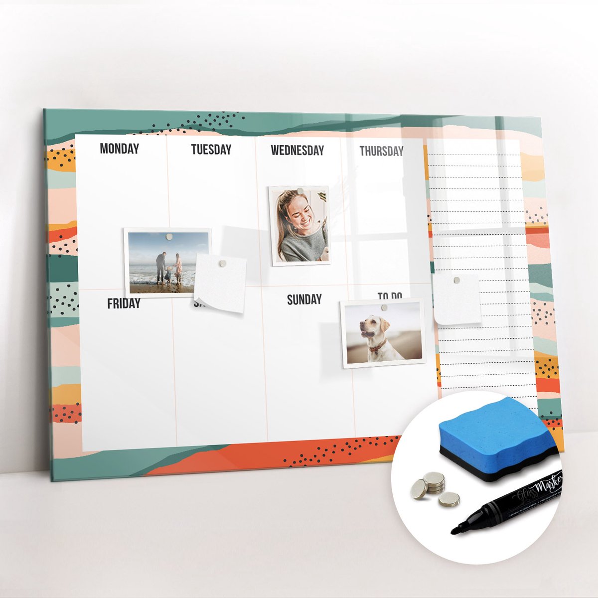 Tulup Whitebord - Retro weekplanner - 90 x 60 cm - Veelkleurig Magneetbord Design - Gratis 5 Sterke Magneten + Whiteboard Marker & Wisser - Stylish Memo Board - Memobord Glas - Planning Muur