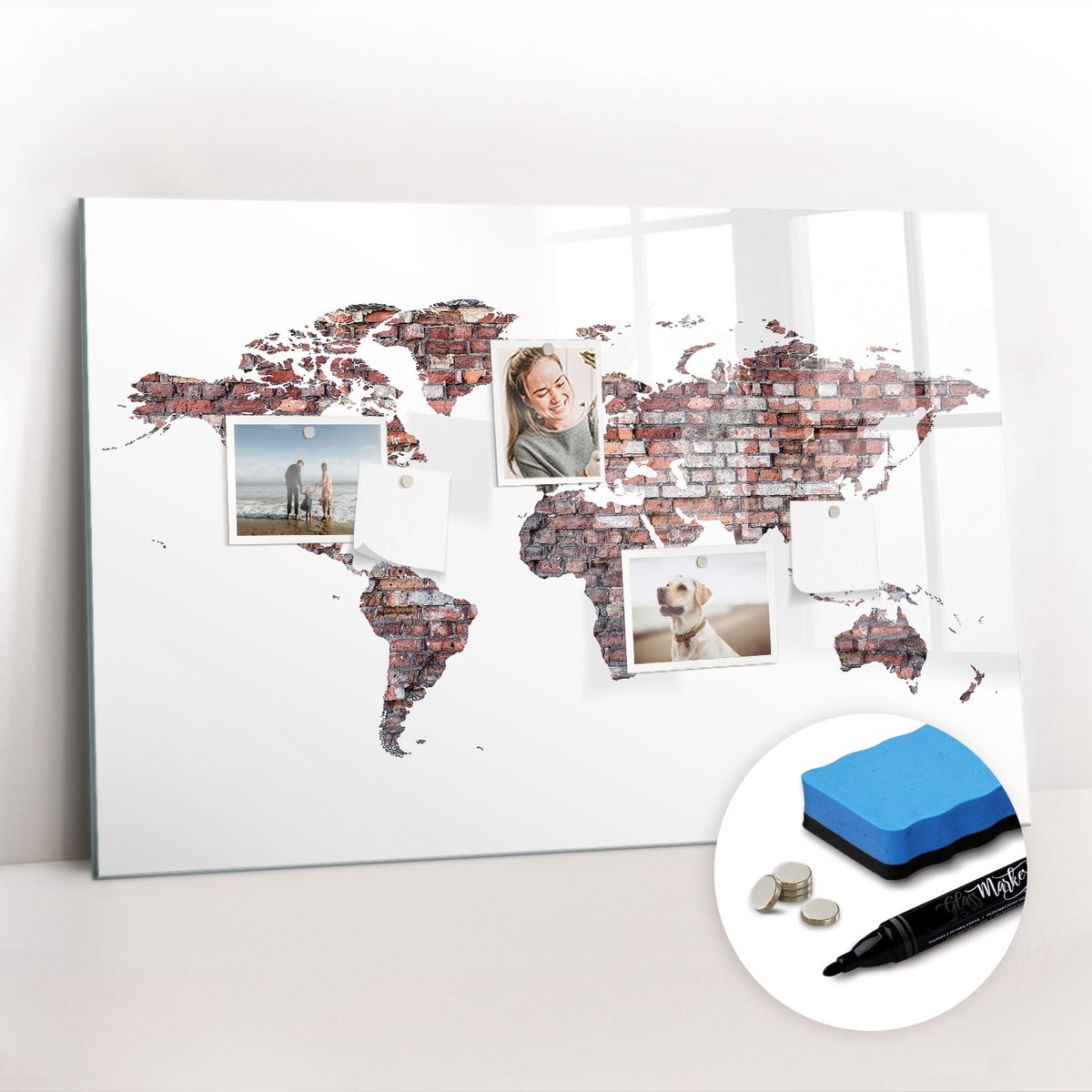Tulup Whitebord - Brick wereldkaart - 90 x 60 cm - Wit Magnetisch Bord Kind - Gratis 5 Sterke Magneten + Whiteboard Marker & Wisser - Design Memobord - Magneetbord Muur - Ideeënbord Thuiswerkplek