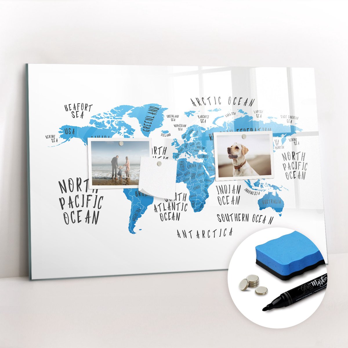 Tulup Whitebord - Blauwe kaart van de aarde - 60 x 40 cm - Blauw Memobord Glas - Gratis 5 Sterke Magneten + Whiteboard Marker & Wisser - Minimalistisch Prikbord - Memobord Magnetisch - Planning Muur