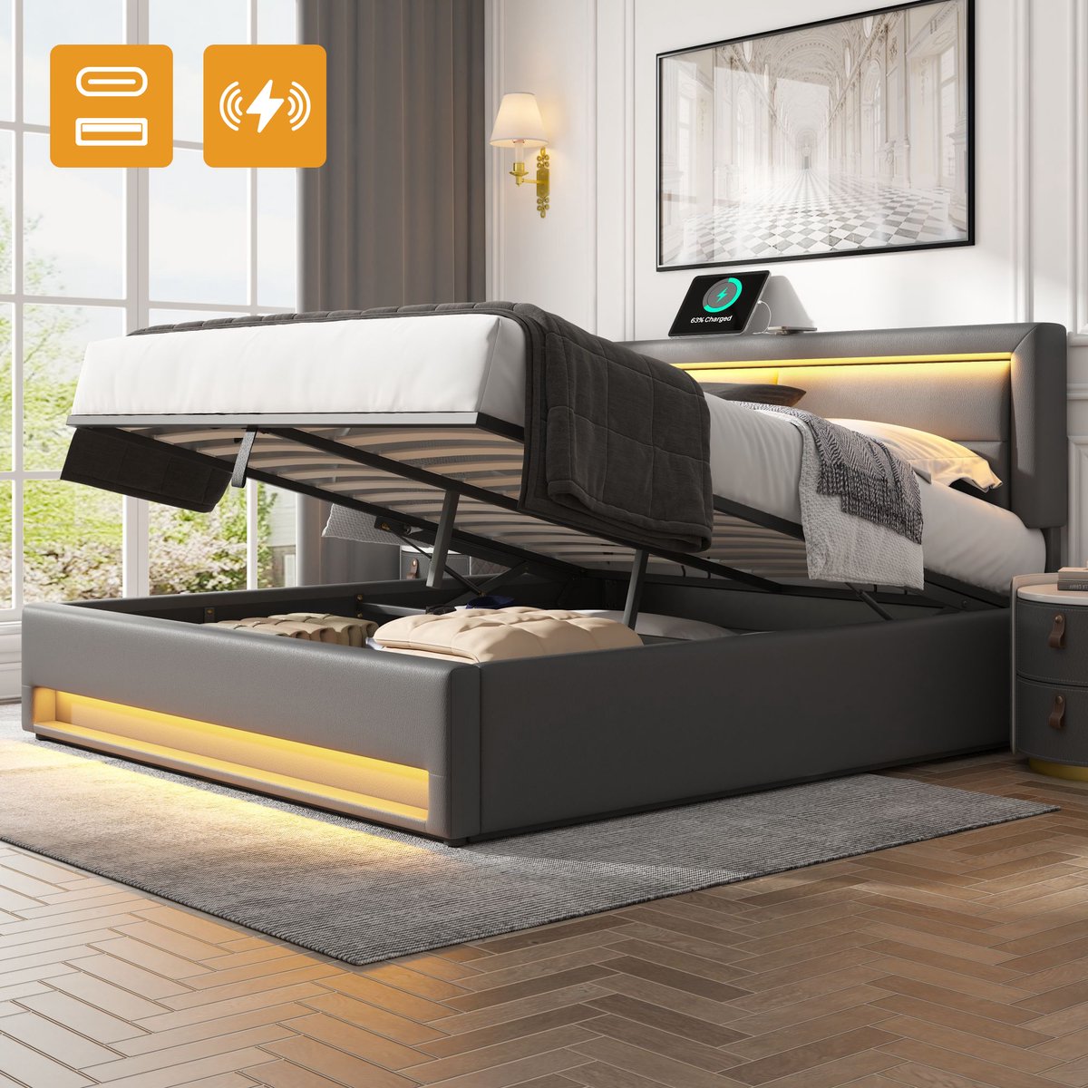 Gestoffeerd Bed 140x190 cm - PU Bed Met LED Verlichting USB Opladen En Opbergruimte Grijs