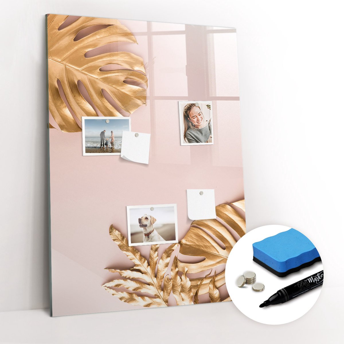 Tulup Whitebord - Gouden bladeren - 70 x 100 cm - Veelkleurig Memobord Keuken - Gratis 5 Sterke Magneten + Whiteboard Marker & Wisser - Scandinavisch Design Bord - Memobord Magnetisch - Notitiebord Werkplek