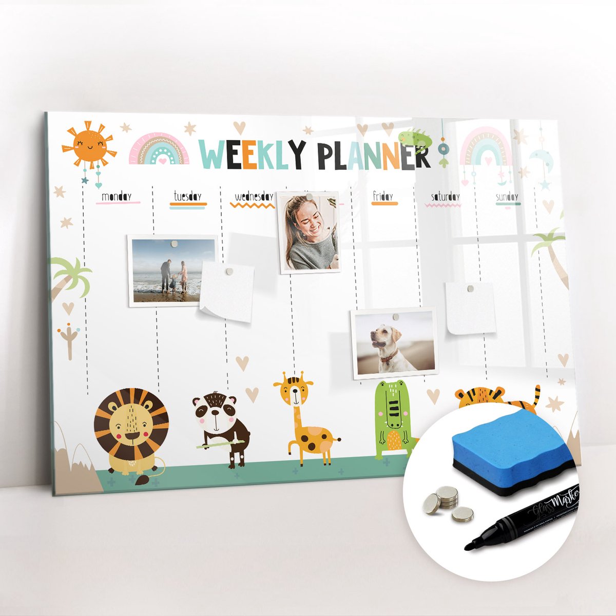 Tulup Whitebord - Dierenweekplanner - 90 x 60 cm - Veelkleurig Magneetbord Keuken - Gratis 5 Sterke Magneten + Whiteboard Marker & Wisser - Industrieel Wandbord - Magneetbord Muur - Inspiratiebord Kantoor