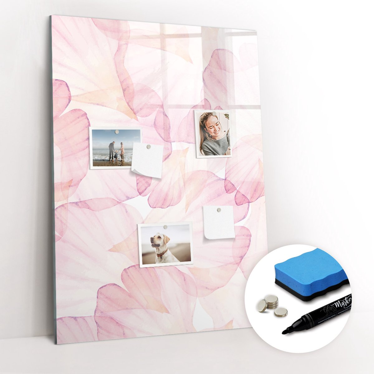 Tulup Whitebord - Aquarel bloemblaadjes - 70 x 100 cm - Roze Magnetic Board - Gratis 5 Sterke Magneten + Whiteboard Marker & Wisser - Interieur Accessoires Kantoor - Magneetbord Design - Planning Muur