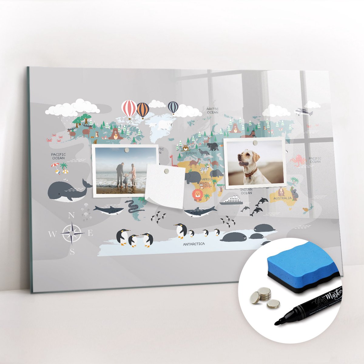 Tulup Whitebord - Cartoonkaart - 60 x 40 cm - Veelkleurig Magnetic Board - Gratis 5 Sterke Magneten + Whiteboard Marker & Wisser - Scandinavisch Design Bord - Magneetbord Muur - Planning Muur
