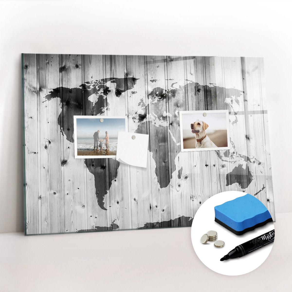 Tulup Whitebord - Wereldkaart op hout - 60 x 40 cm - Zwart-wit Foto Magneetbord - Gratis 5 Sterke Magneten + Whiteboard Marker & Wisser - Scandinavisch Design Bord - Magneetbord Foto - Organiseer Je Bureau