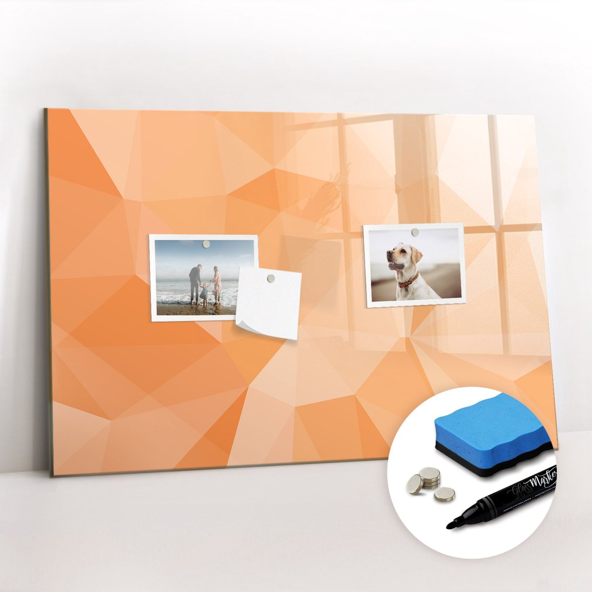 Tulup Whitebord - Abstracte driehoeken - 60 x 40 cm - Oranje Magnetisch Bord - Gratis 5 Sterke Magneten + Whiteboard Marker & Wisser - Design Memobord - Magnetisch Memobord - Ideeënbord Thuiswerkplek