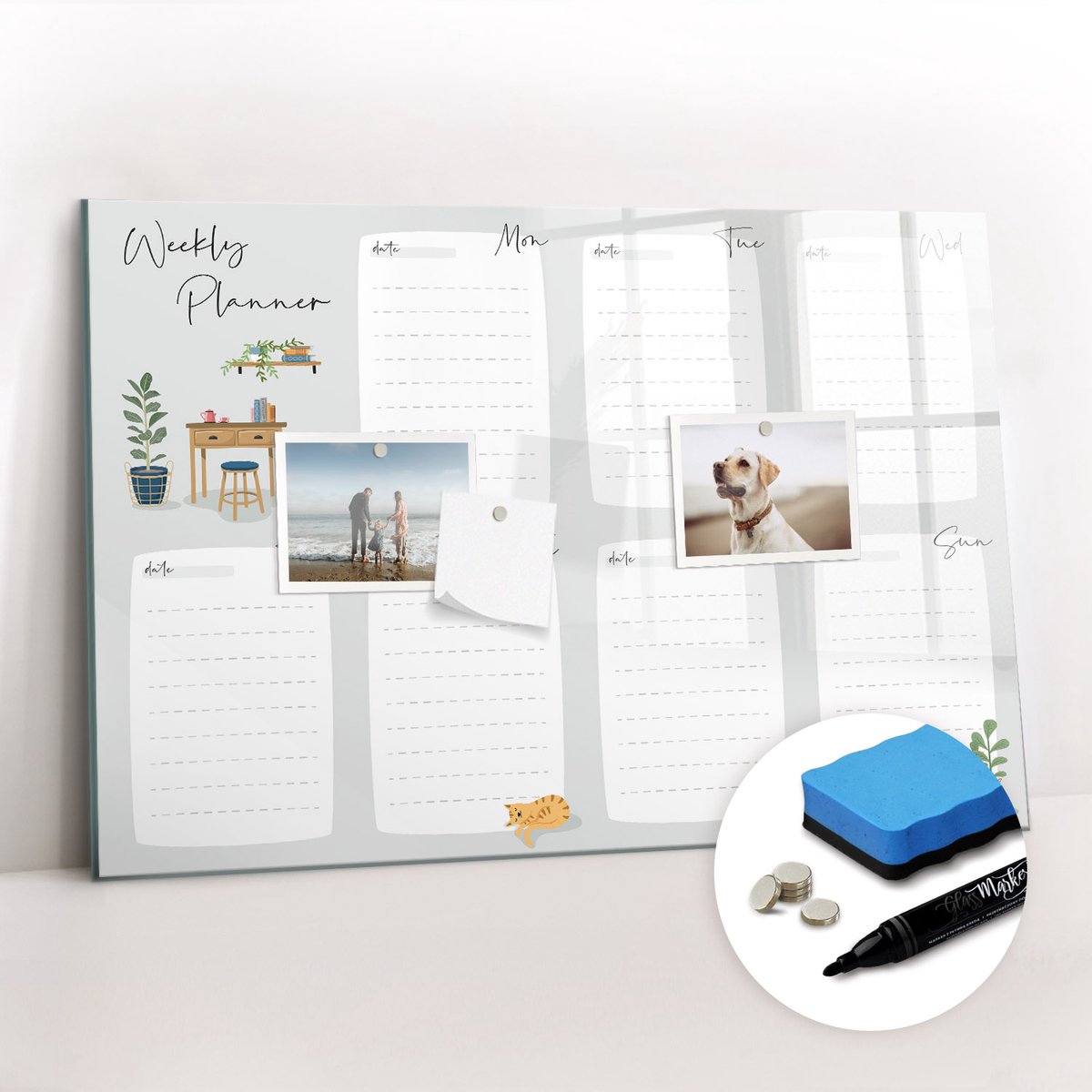 Tulup Whitebord - Gezellige weekplanner - 60 x 40 cm - Veelkleurig Magneetbord Keuken - Gratis 5 Sterke Magneten + Whiteboard Marker & Wisser - Wanddecoratie Kantoor - Memo Bord - Productiviteit Tools