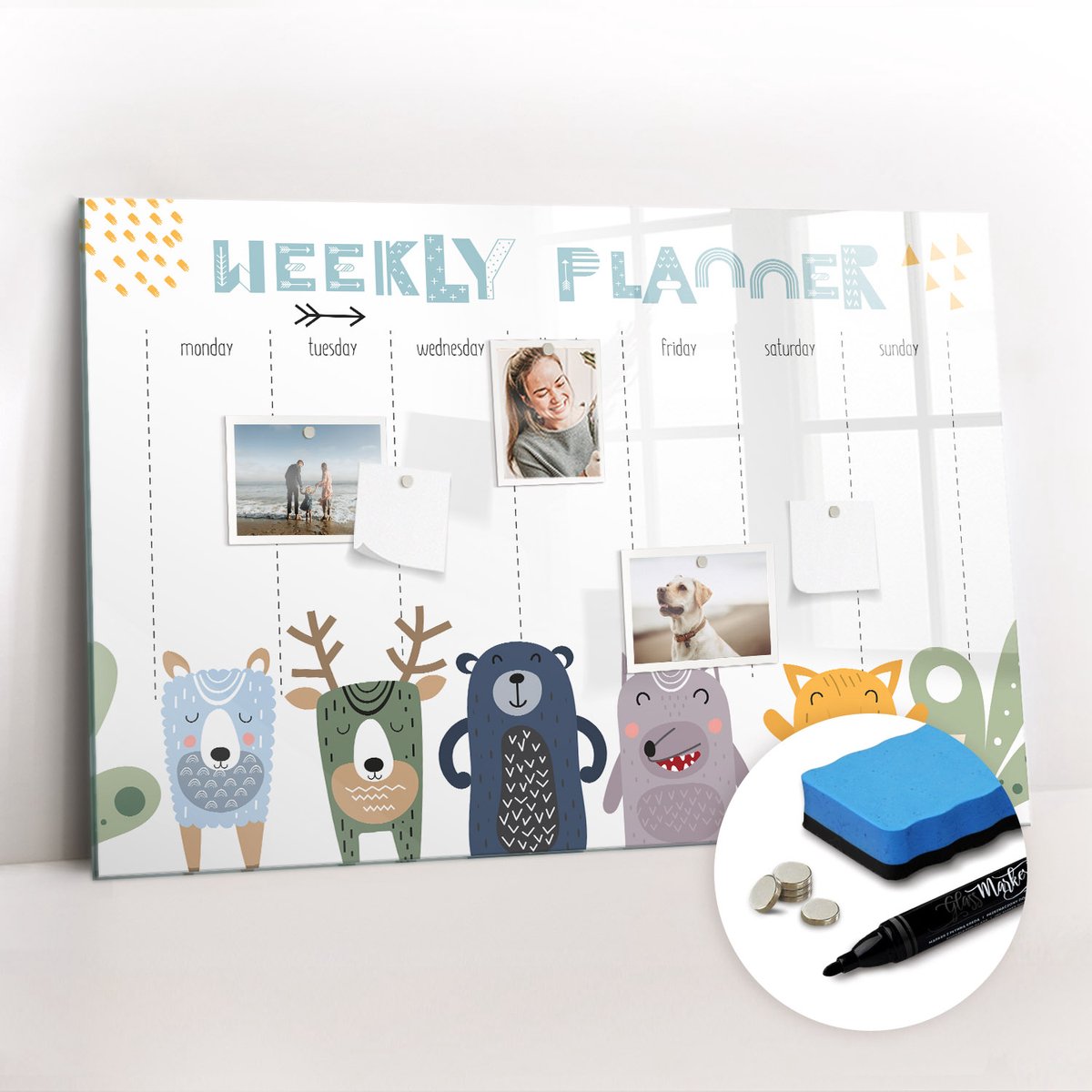 Tulup Whitebord - Weekplanner voor kinderen - 90 x 60 cm - Veelkleurig Foto Magneetbord - Gratis 5 Sterke Magneten + Whiteboard Marker & Wisser - Decoratief Magnetisch Bord - Magneetbord Foto - Inspiratiebord Kantoor