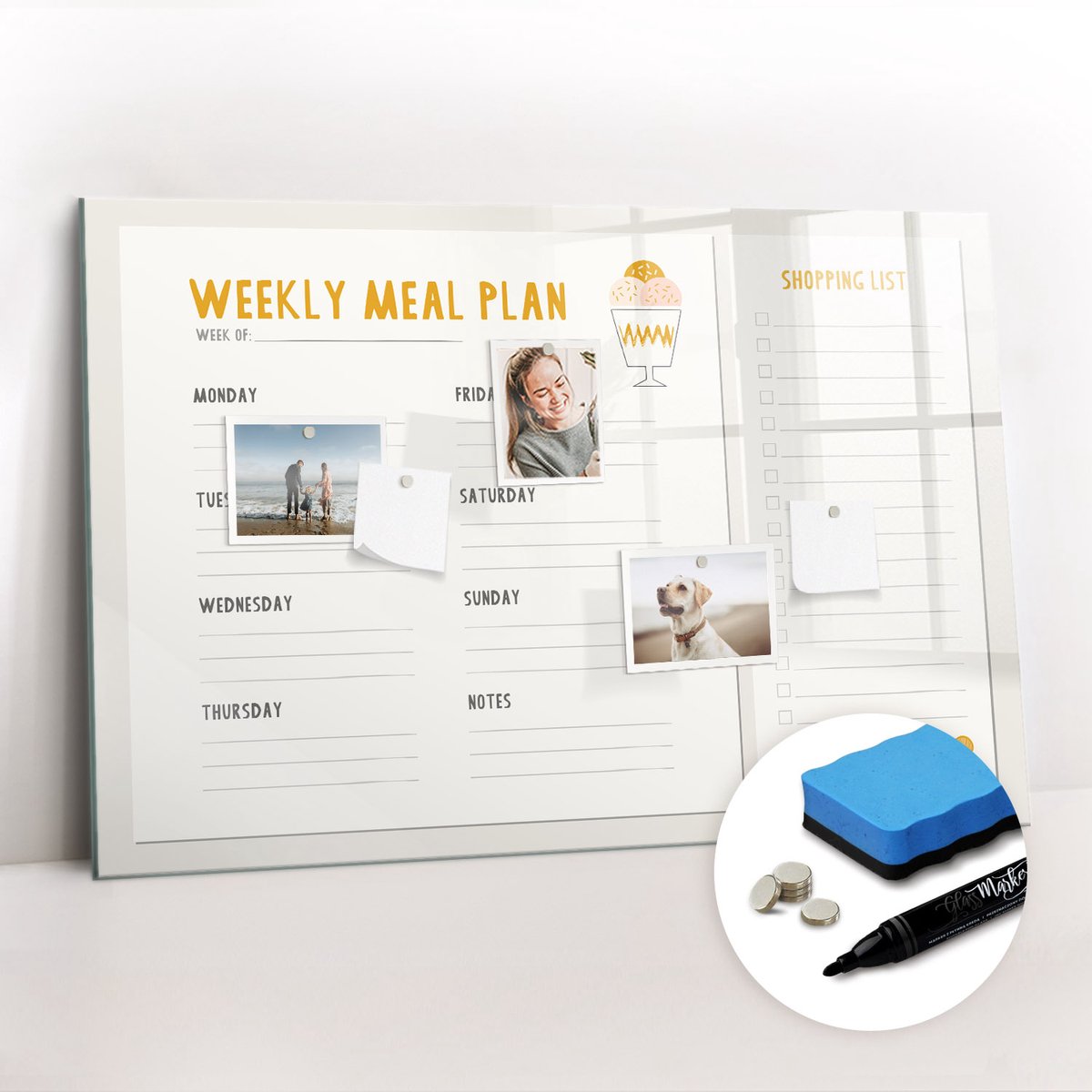 Tulup Whitebord - Maaltijdschema - 90 x 60 cm - Geel Memo Magneetbord - Gratis 5 Sterke Magneten + Whiteboard Marker & Wisser - Stylish Memo Board - Memo Bord - Organiseer Je Bureau