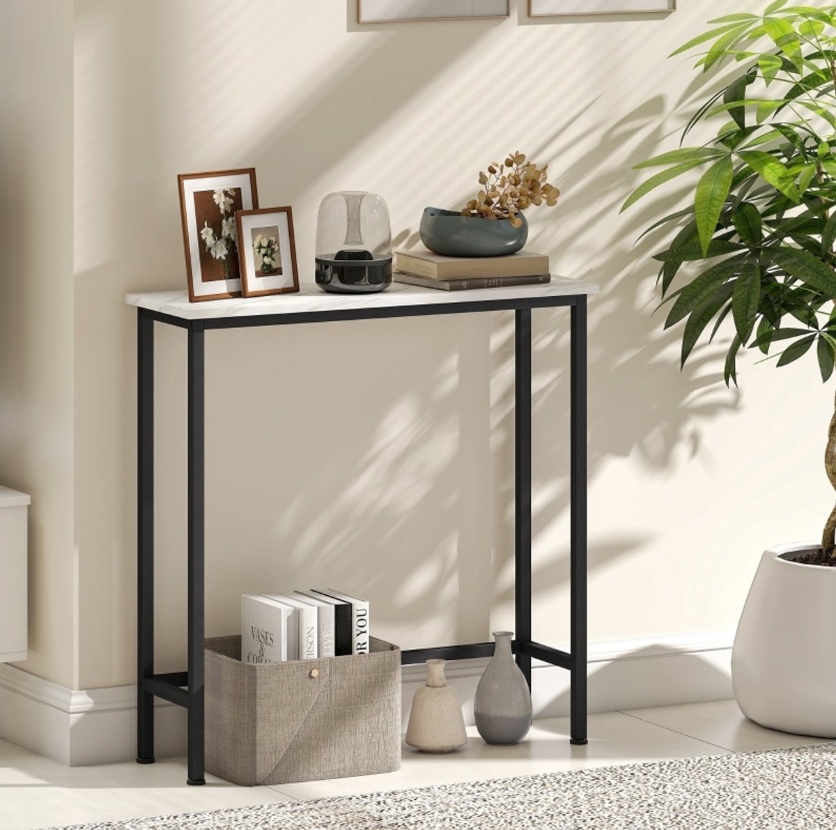 REDOM Sidetable - Marmorlook tafelblad - Metalen frame - Moderne stijl - Hal en gang - Spaanplaat en metaal - Zwart - 75 x 24 x 76 cm