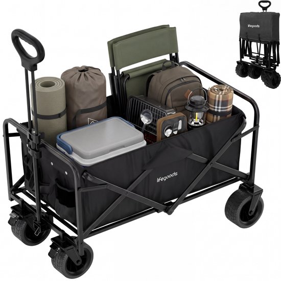 LifeGoods Bolderkar - Opvouwbaar - 80KG Draagkracht - 94L - Wasbaar - Stevige Wielen - Zwart
