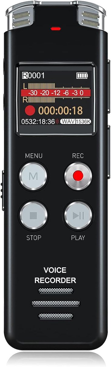 Digitale spraakrecorder 128 GB – audio-opnameapparaat met spraakactivering en ruisonderdrukking – oplaadbare dictafoon met dubbele MIC – voor conferenties en vergaderingen.