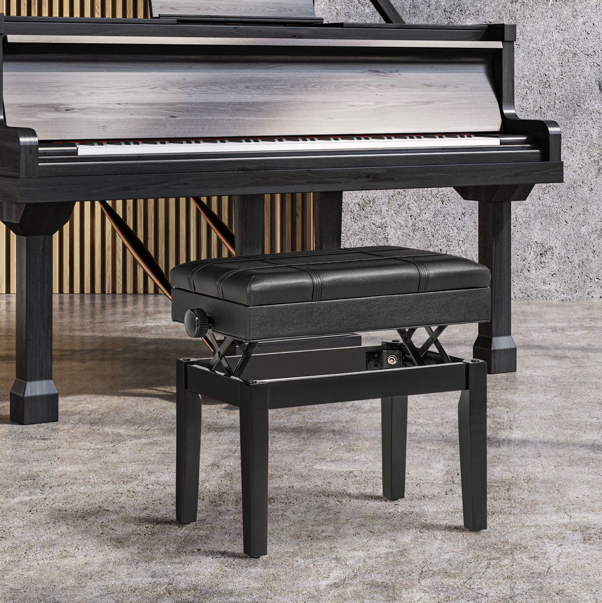 COVREO Klavierbank 63 x 35 x 46-56 cm, zwart, hout en kunstleer, opbergruimte