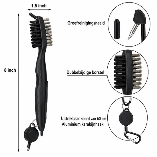 Golfclub borstel en groeven reiniger - 3 in 1 Multi Club Cleaner met uittrekkoord - kleur ZWART van Fostoy — afbeelding 2